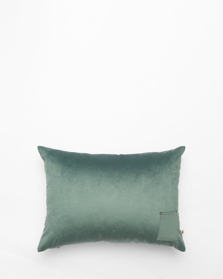River embroidered cushion, back view