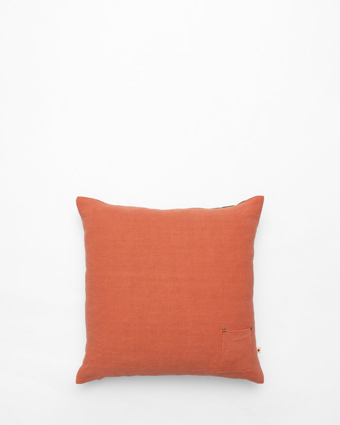 Verde Zak Red embroidered cushion, back view
