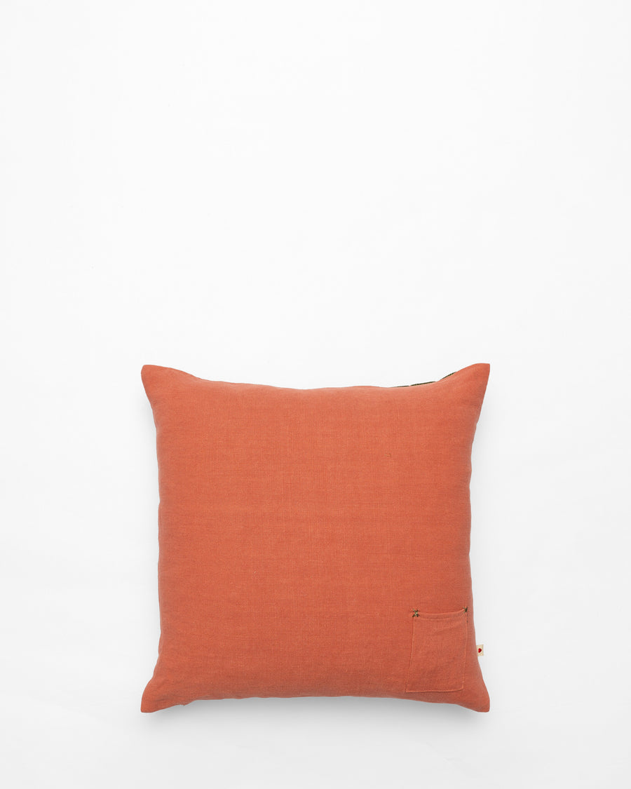 Verde Zak Red embroidered cushion, back view