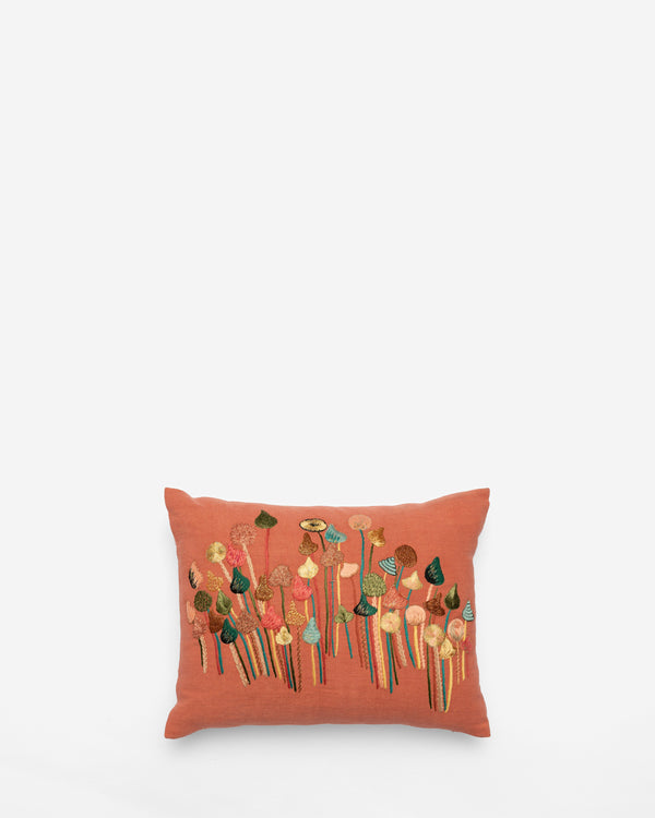 Embroidery linen cushion in We Are Family — coral, brown, apricot — Bokja, hand-assembled in Beirut