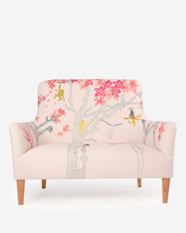 Embroidery linen sofa in Socotra — beige, grey, multicolour, pink — Bokja, hand-assembled in Beirut