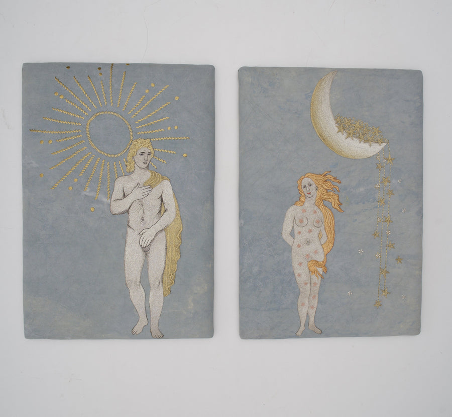 Embroidery tapestries in Apollon and Venus, hanging side by side — Bokja, hand-assembled in Beirut