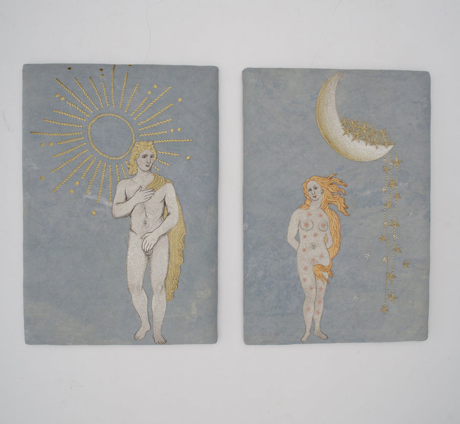 Embroidery tapestries in Apollon and Venus, hanging side by side — Bokja, hand-assembled in Beirut