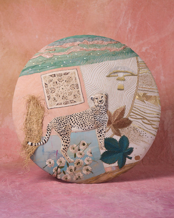 Leopard Gate, a round embroidered tapestry by Bokja
